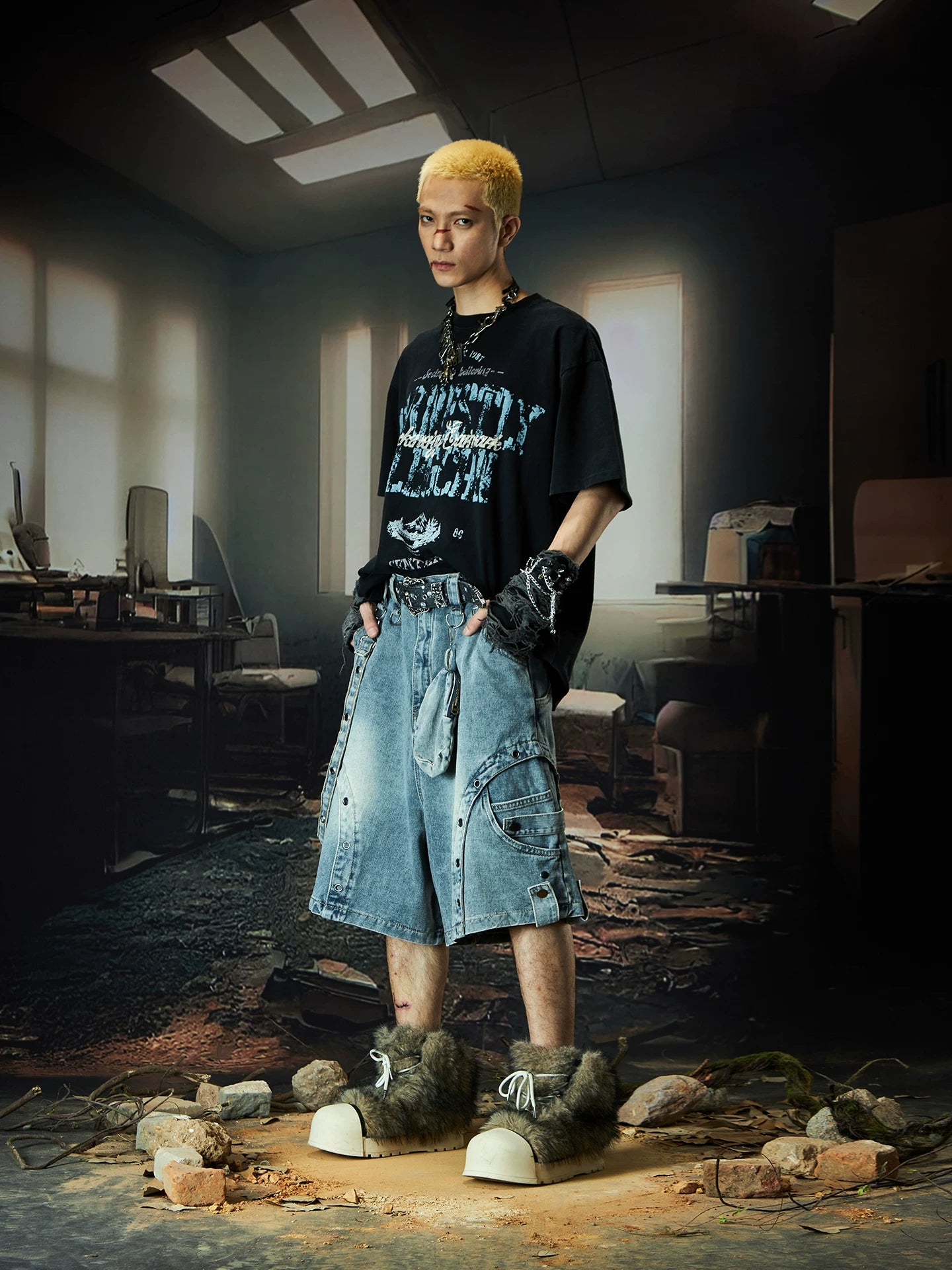 Wasteland Harness Cargo Denim Shorts