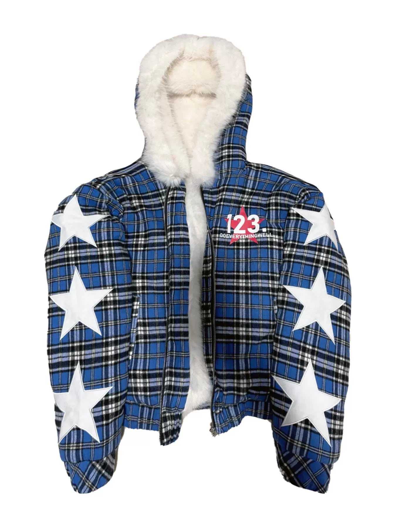 Celestial 08 Blue Plaid Star Puffer Jacket
