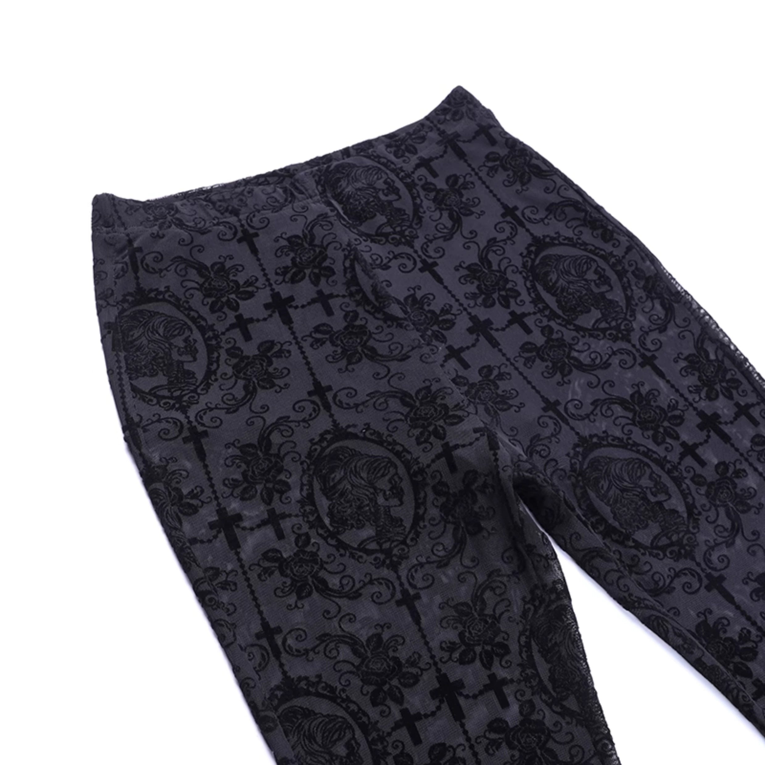 Conjunto de encaje gótico Wannathis - pantalones acampanados negros, camisol brocade y manga de campana bolero