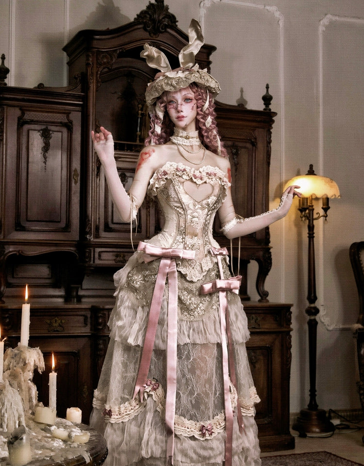 Victorian Ivory Layered Lace Skirt with Pink Bows