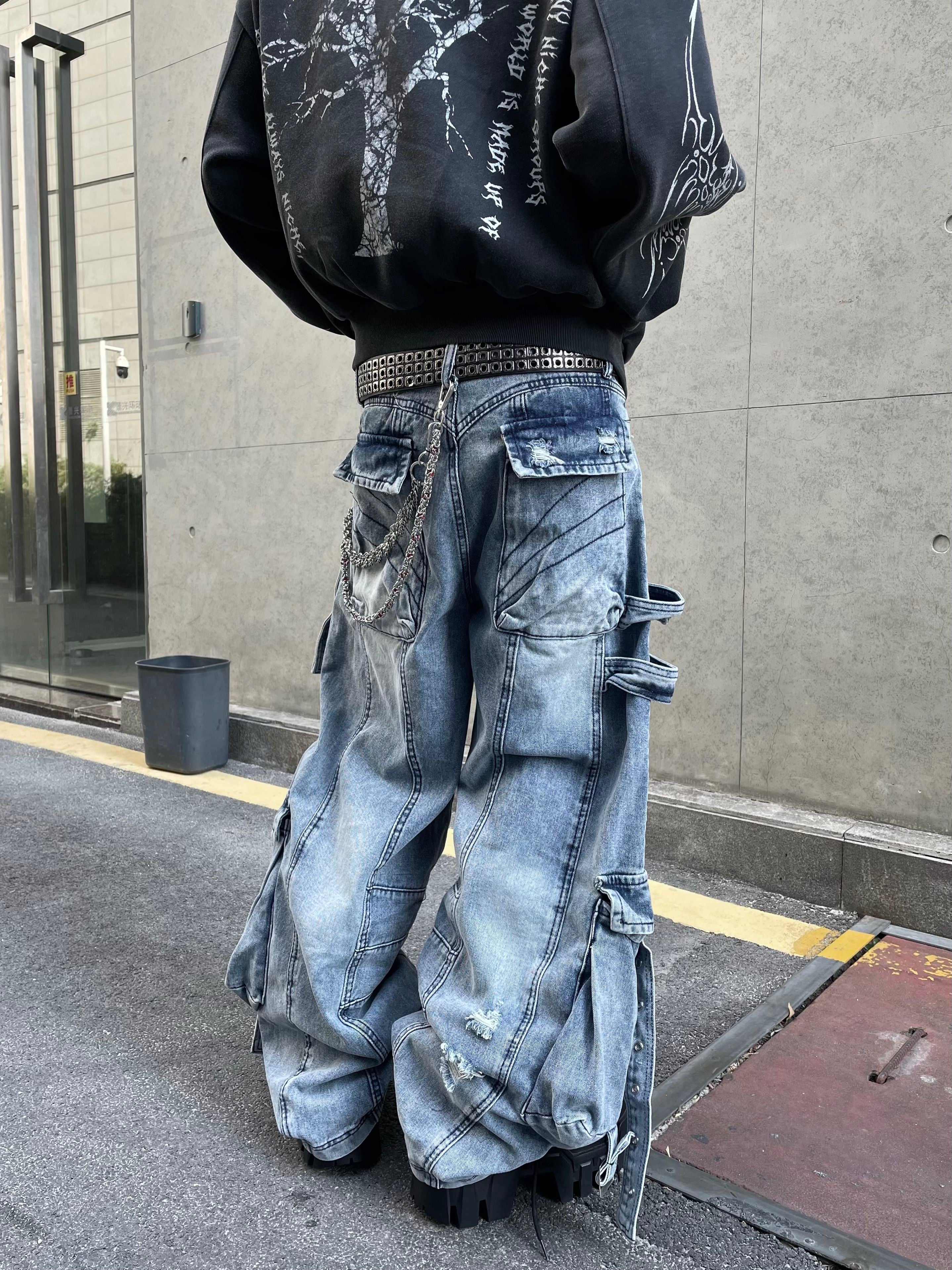 Acid Wash Distressed Cargo Jeans