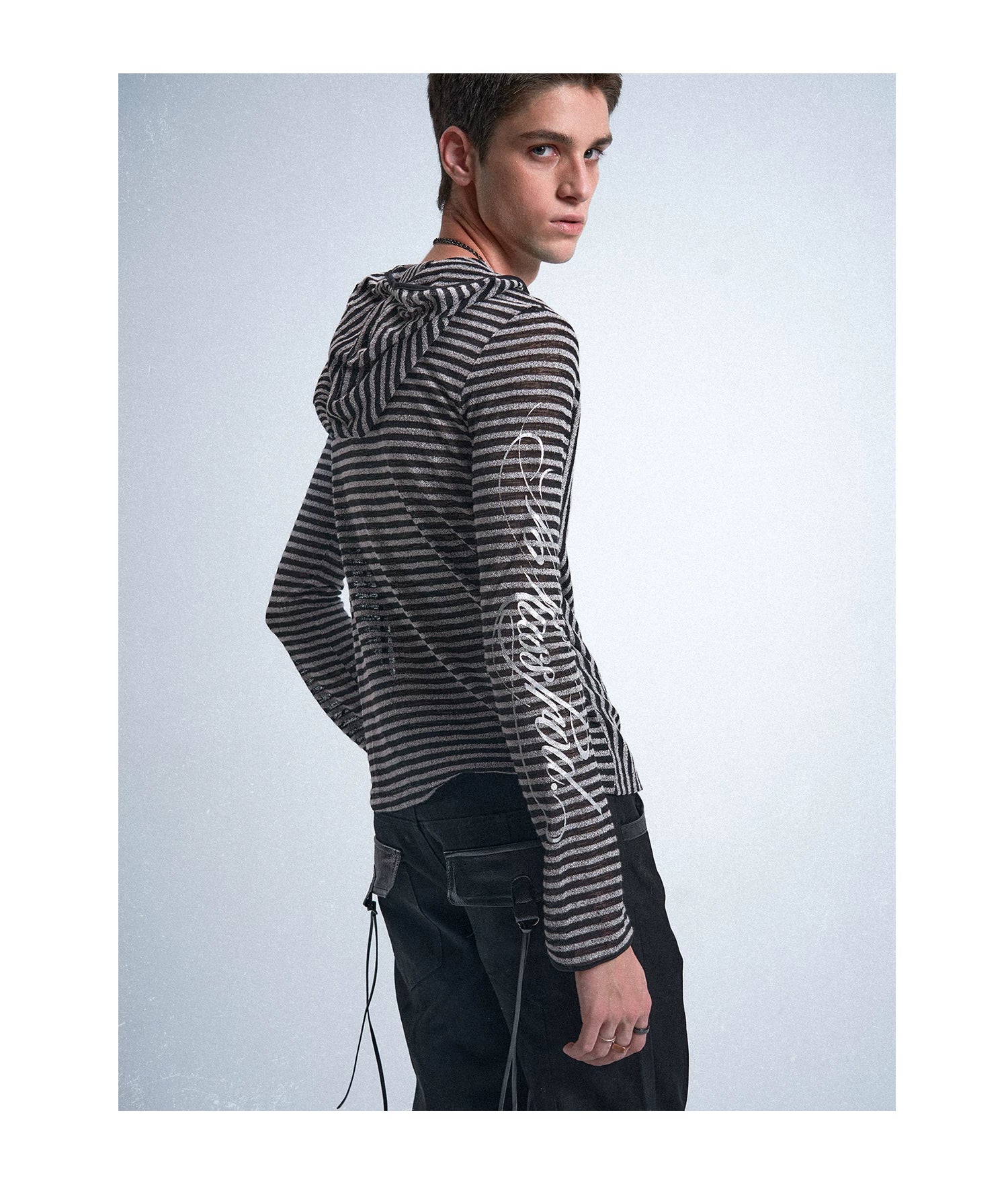 Silver Static Irregular Stripe Hooded Cover-Up Shirt