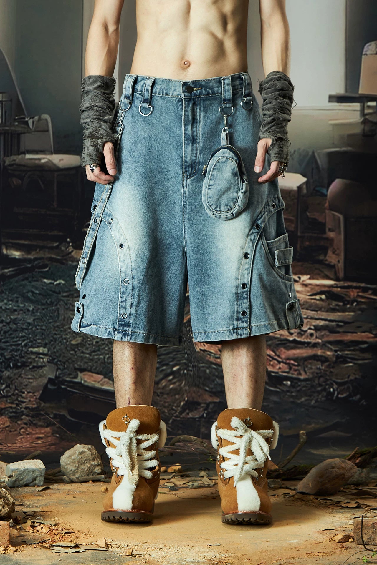 Wasteland Harness Cargo Denim Shorts