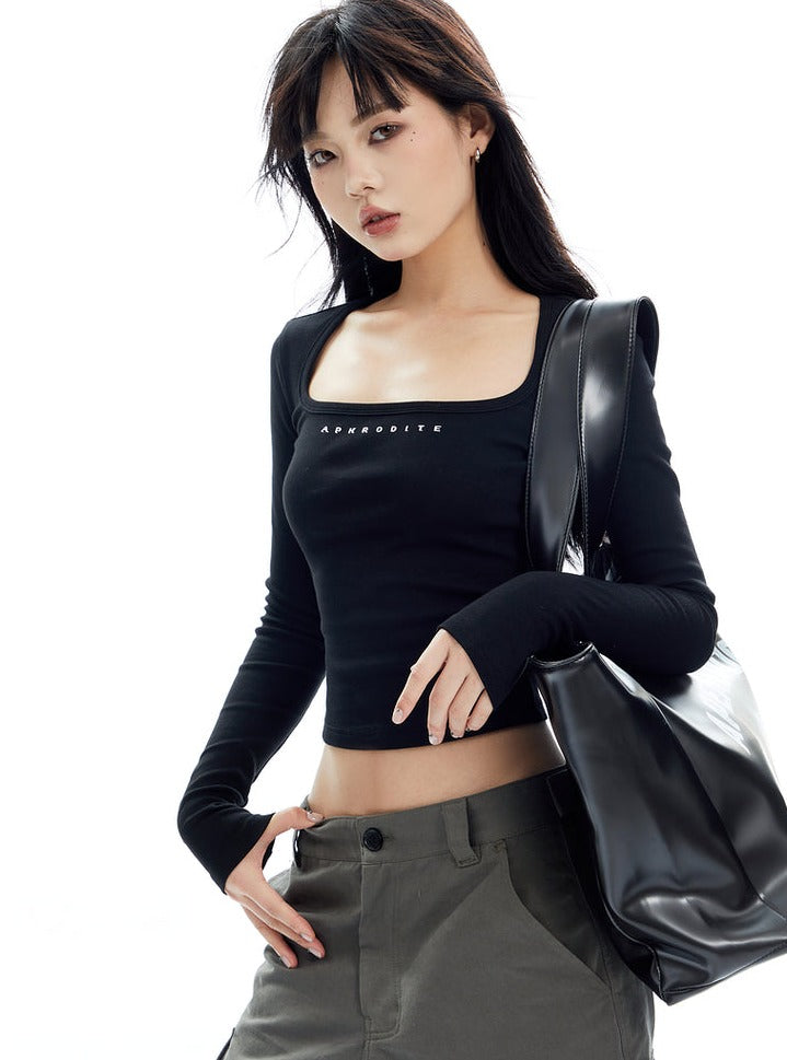 Black Square Neck Crop Top with Long Sleeves