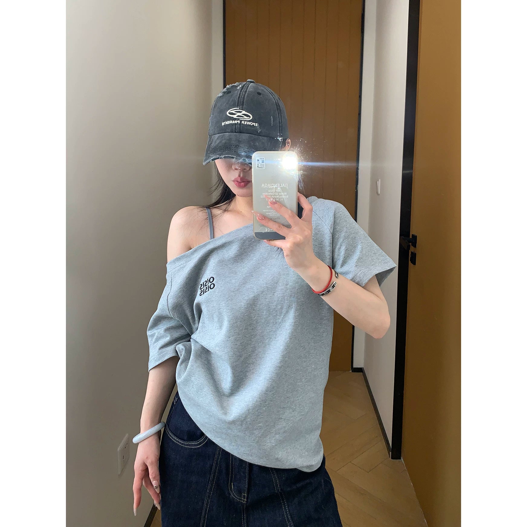 Ash Off-Shoulder Logo Tee