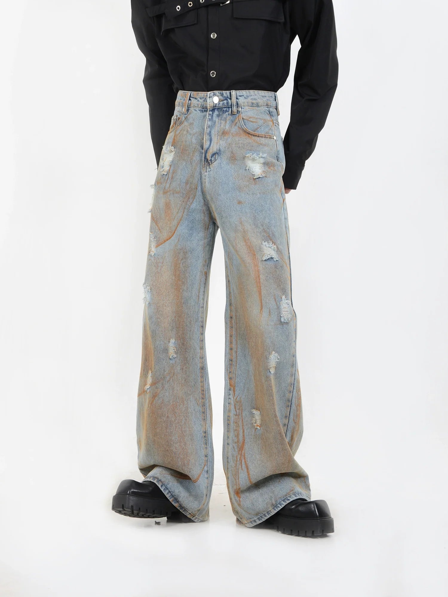 Damage Rust Wash Wide-Leg Jeans