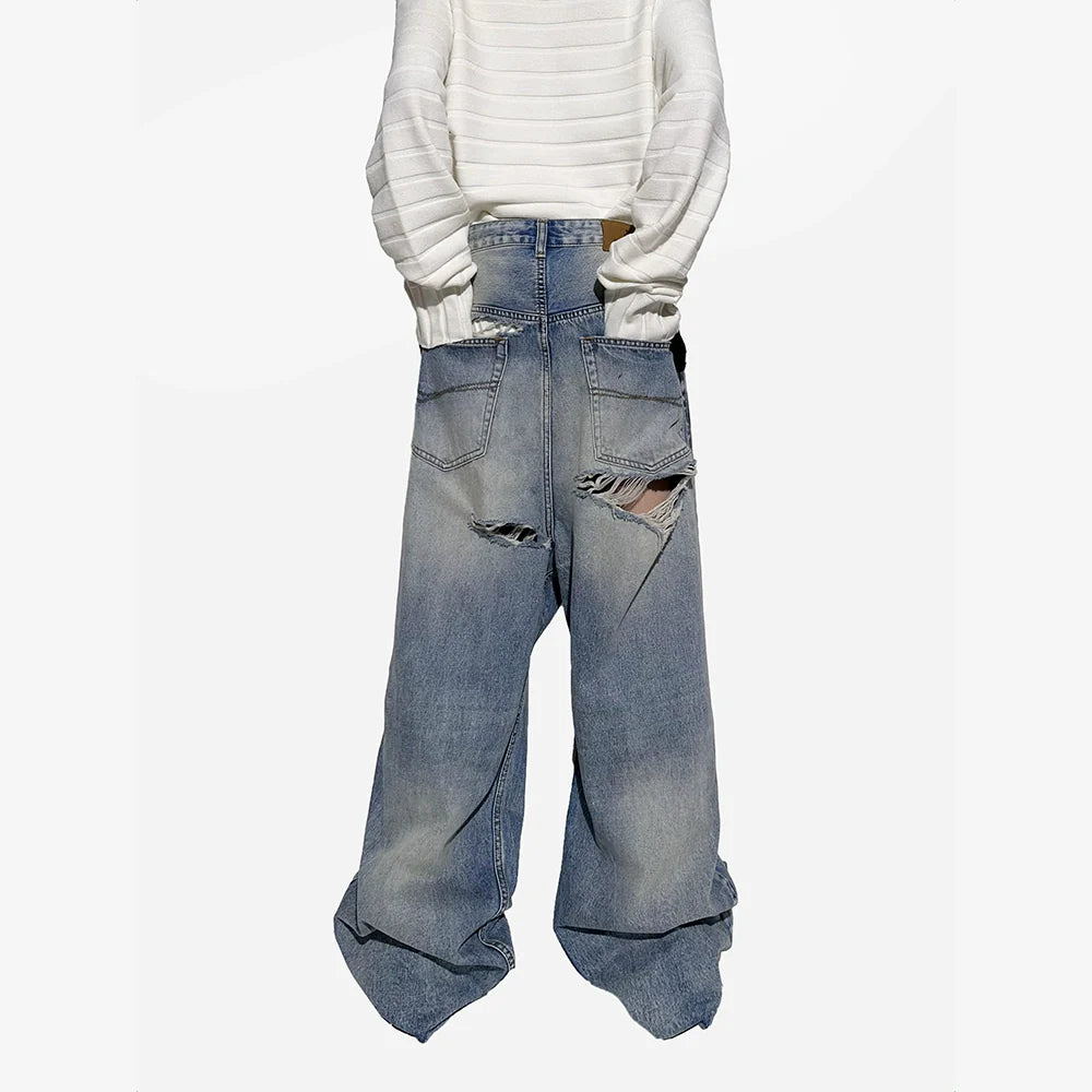 Heavily Distressed Wide-Leg Acid Wash Denim Jeans