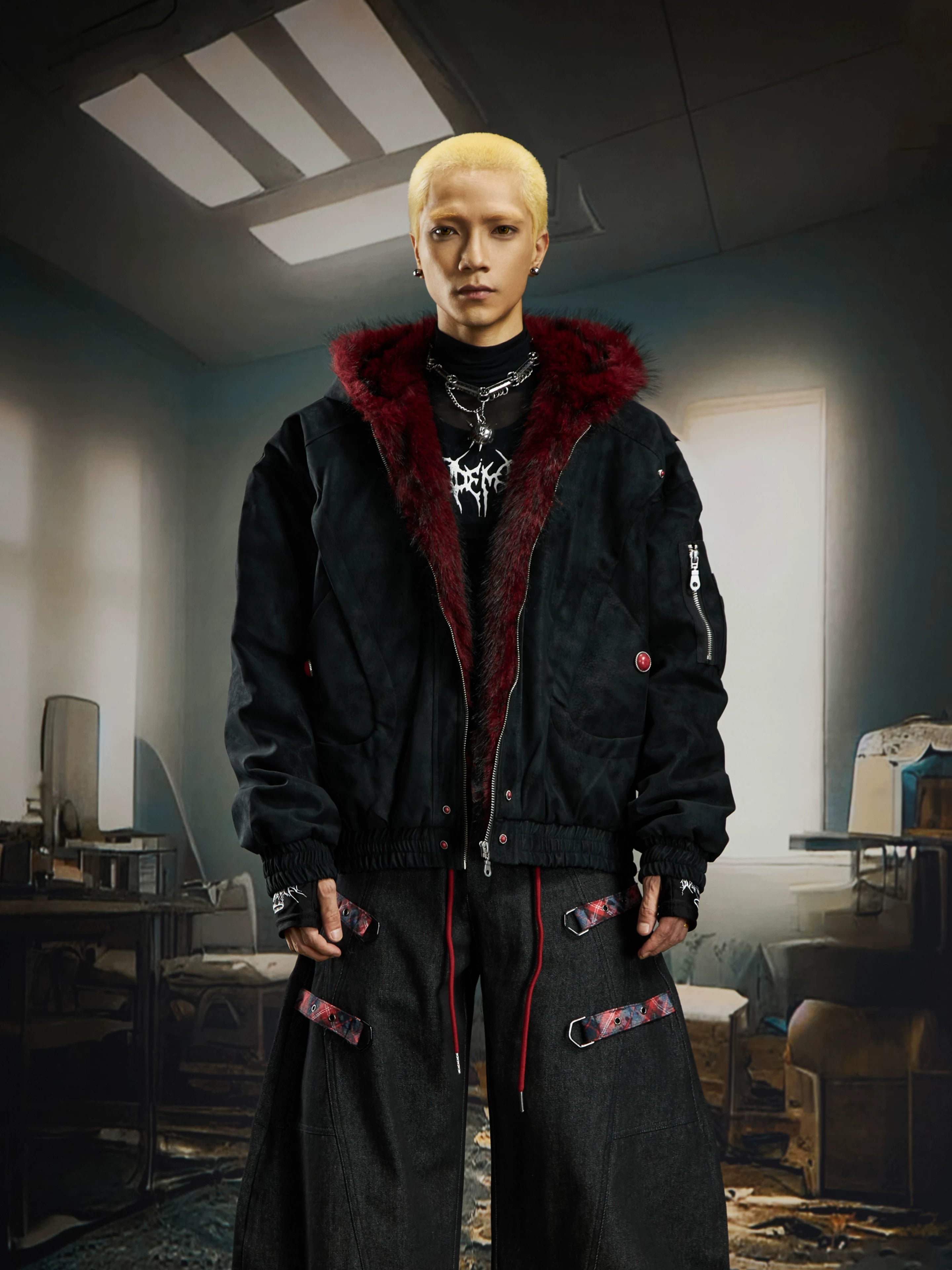 Crimson Howl Fur‑Hood Rebel Jacket