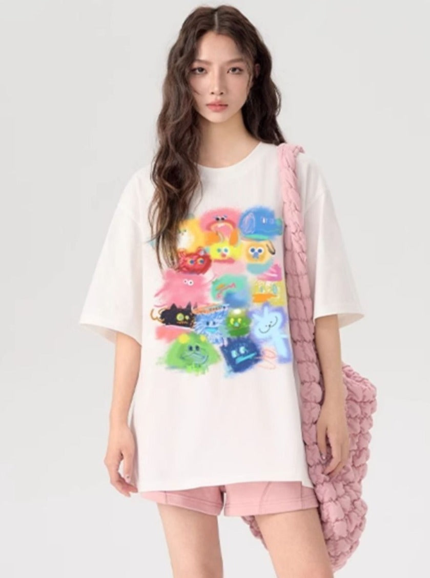 T-Shirt with Gradient Cartoon Print - chiclara