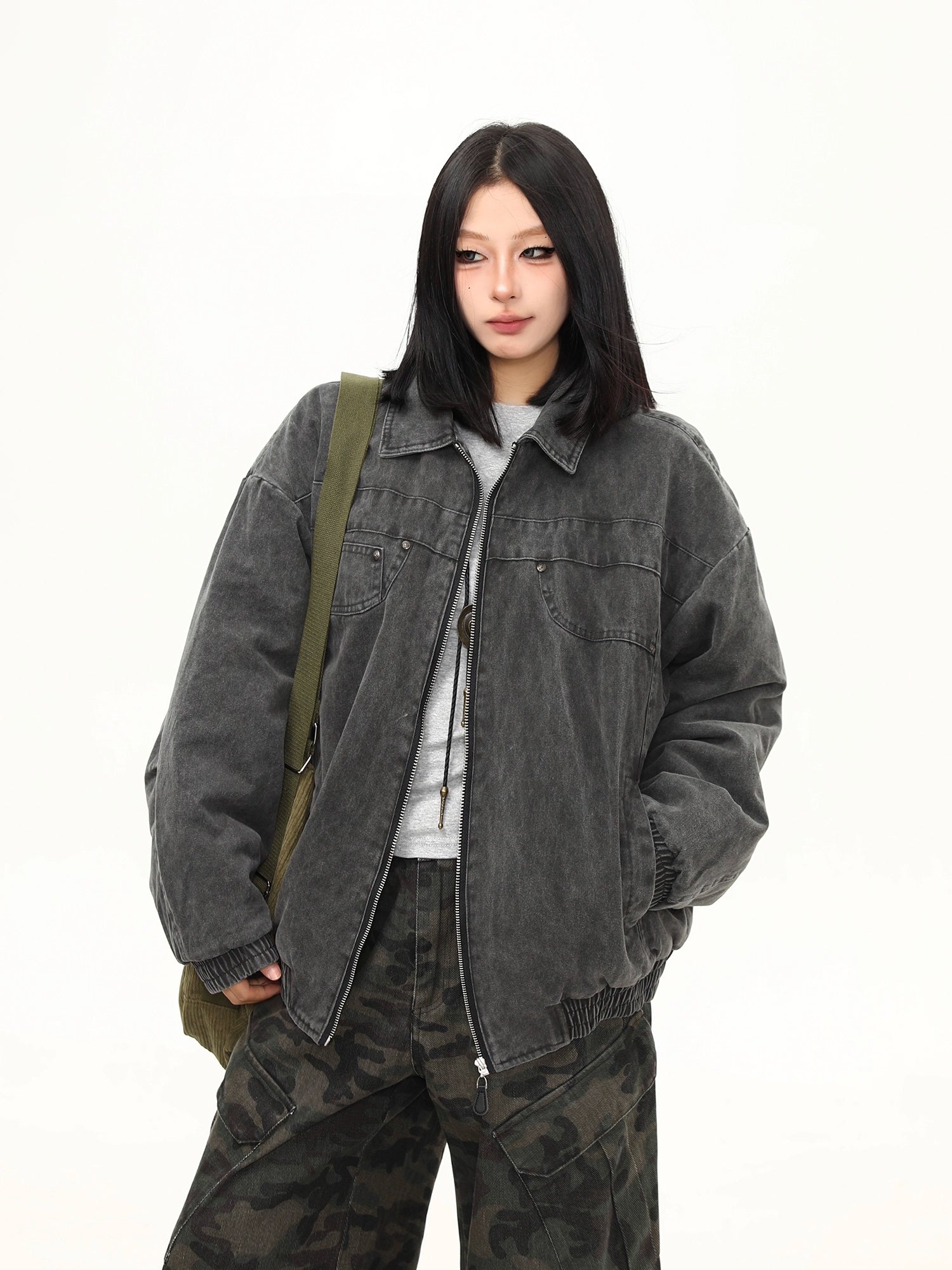 Charcoal Fade Utility Denim Bomber Jacket