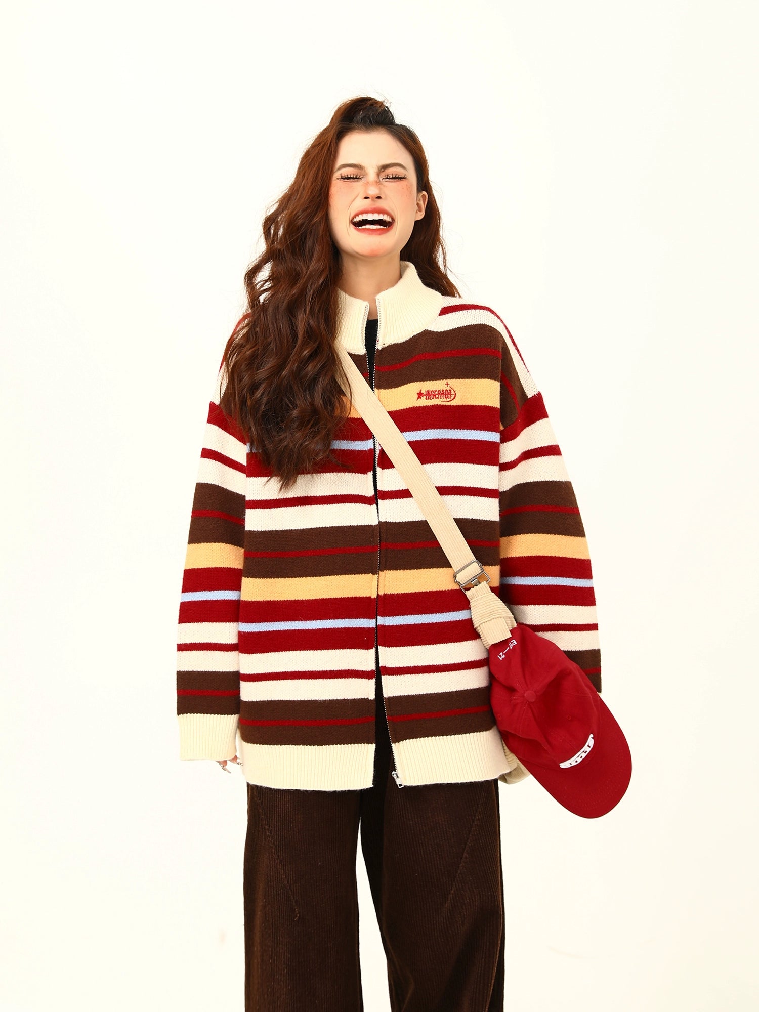 Striped Oversized Knit Zip-Up Sweater