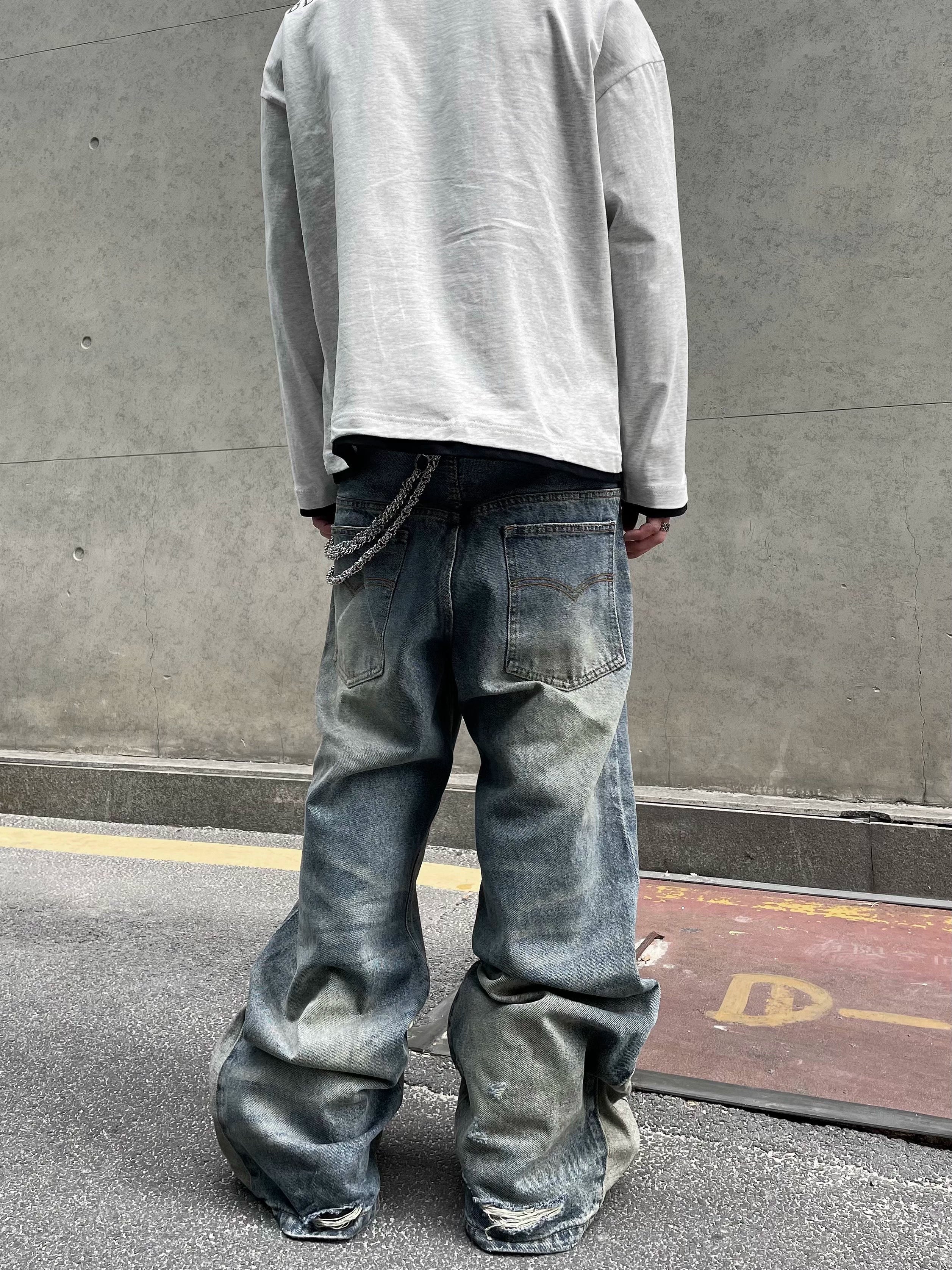 Paneled Distressed Rivet Wide Leg Jeans