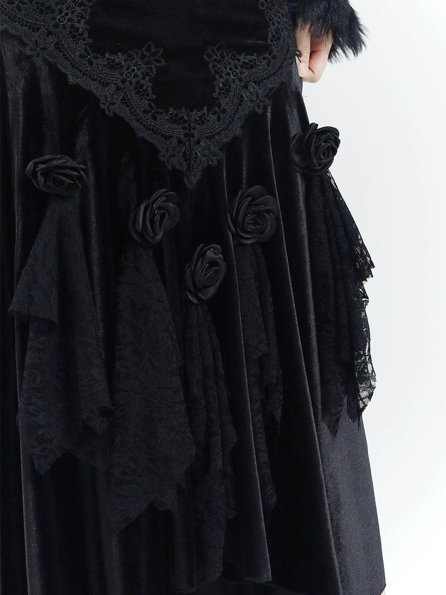 Ladyghost Gothic Velvet Maxi Dress - Women'S Black High-Low Gown With Fur Cuffs And V-Neck