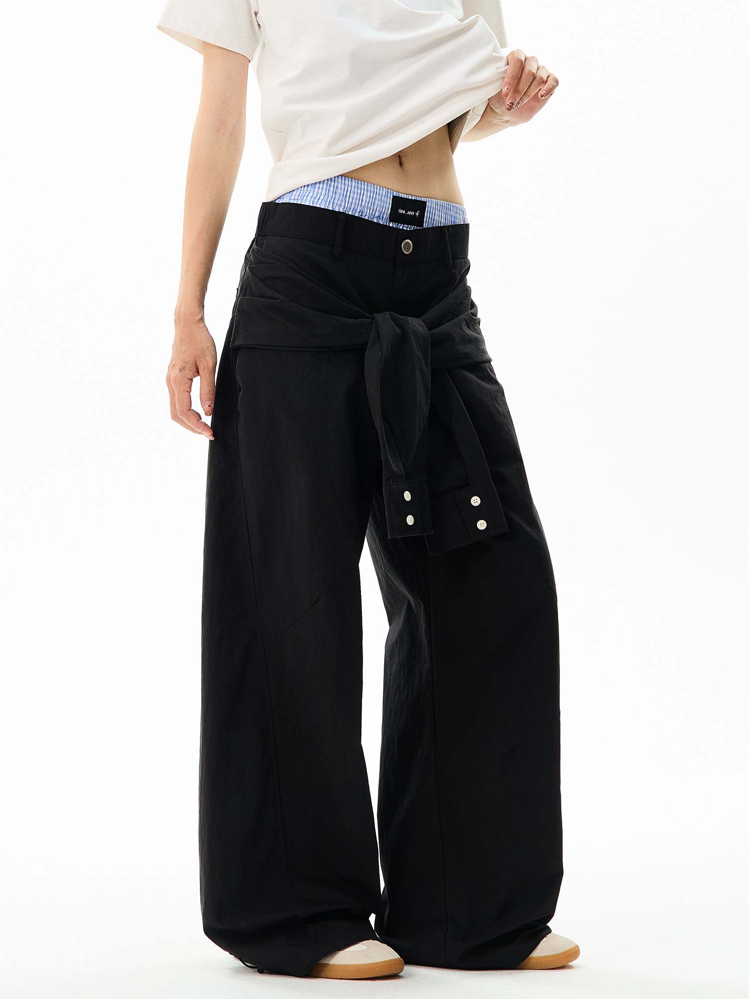 Wide-Leg Cargo Pants with Tie-Front Detail