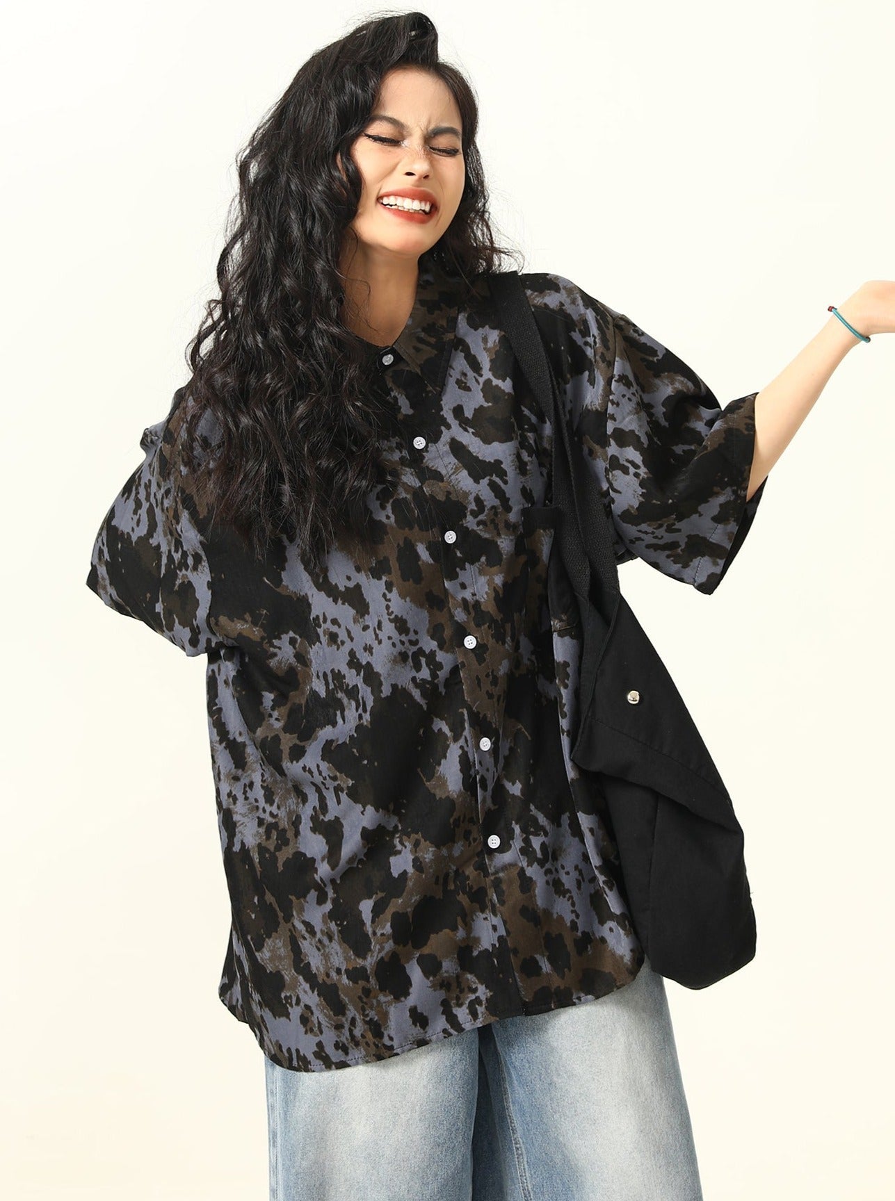 Oversized Tie-Dye Button-Up Shirt in Black and Grey