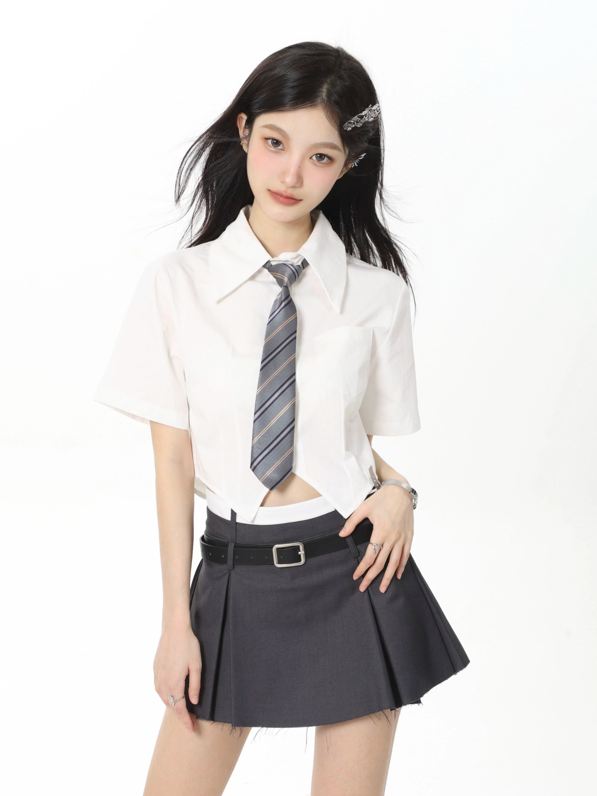 White Short-Sleeve Shirt with Tie JK Style