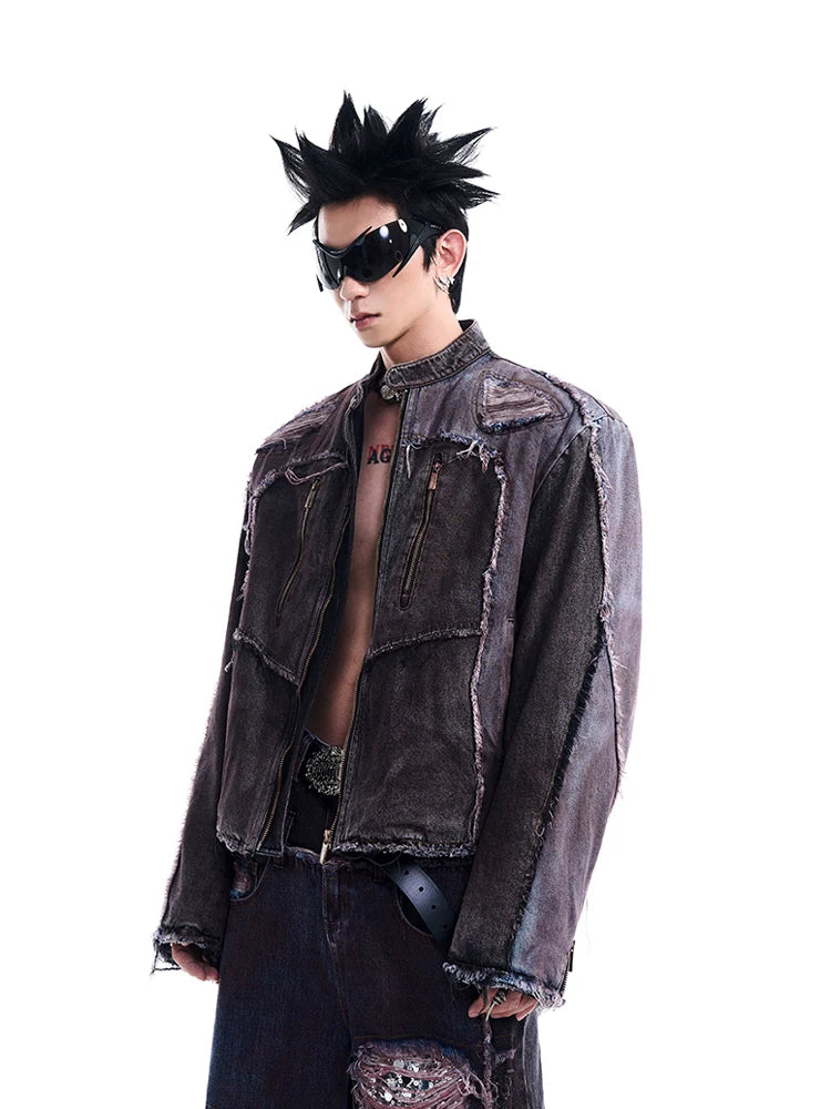 Distressed Padded Denim Jacket and Wide-Leg Pants Setup