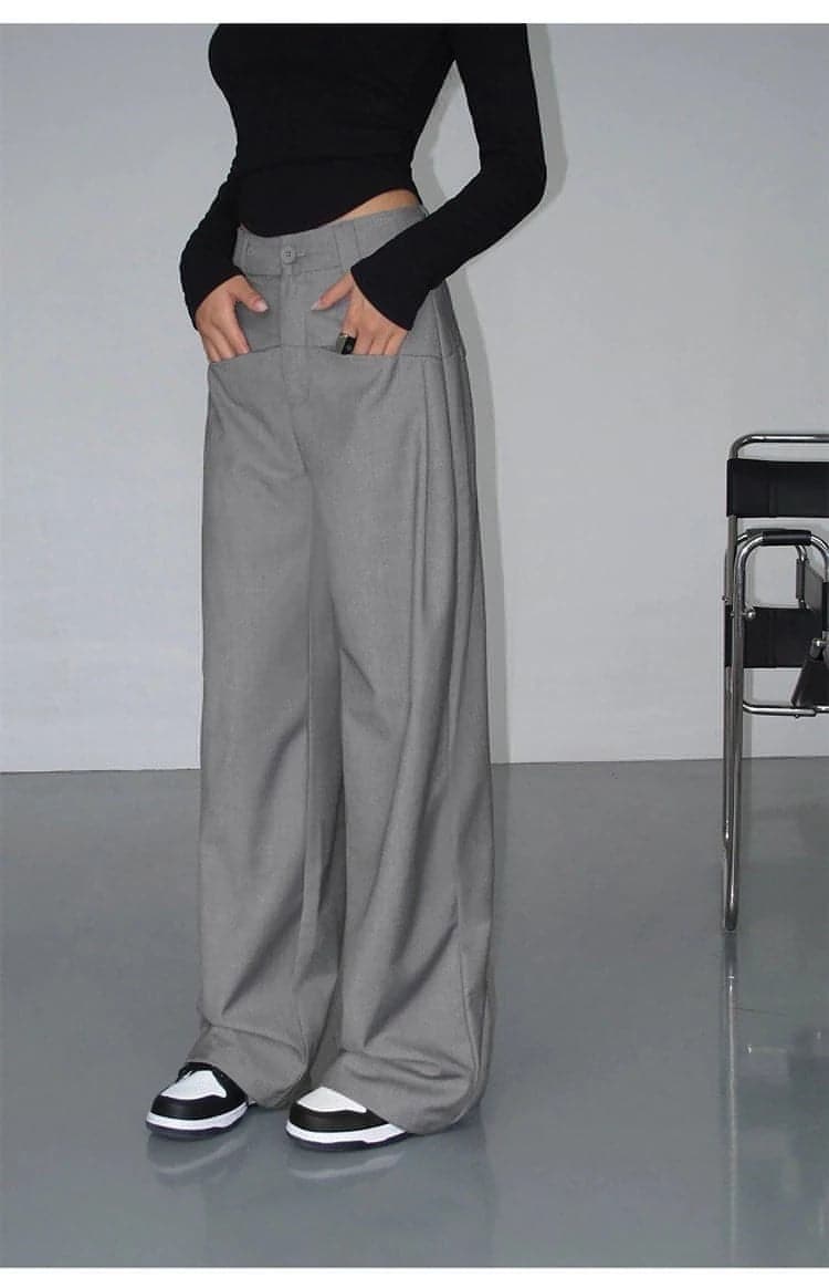 Black High-Waist Straight-Leg Suit Trousers - chiclara