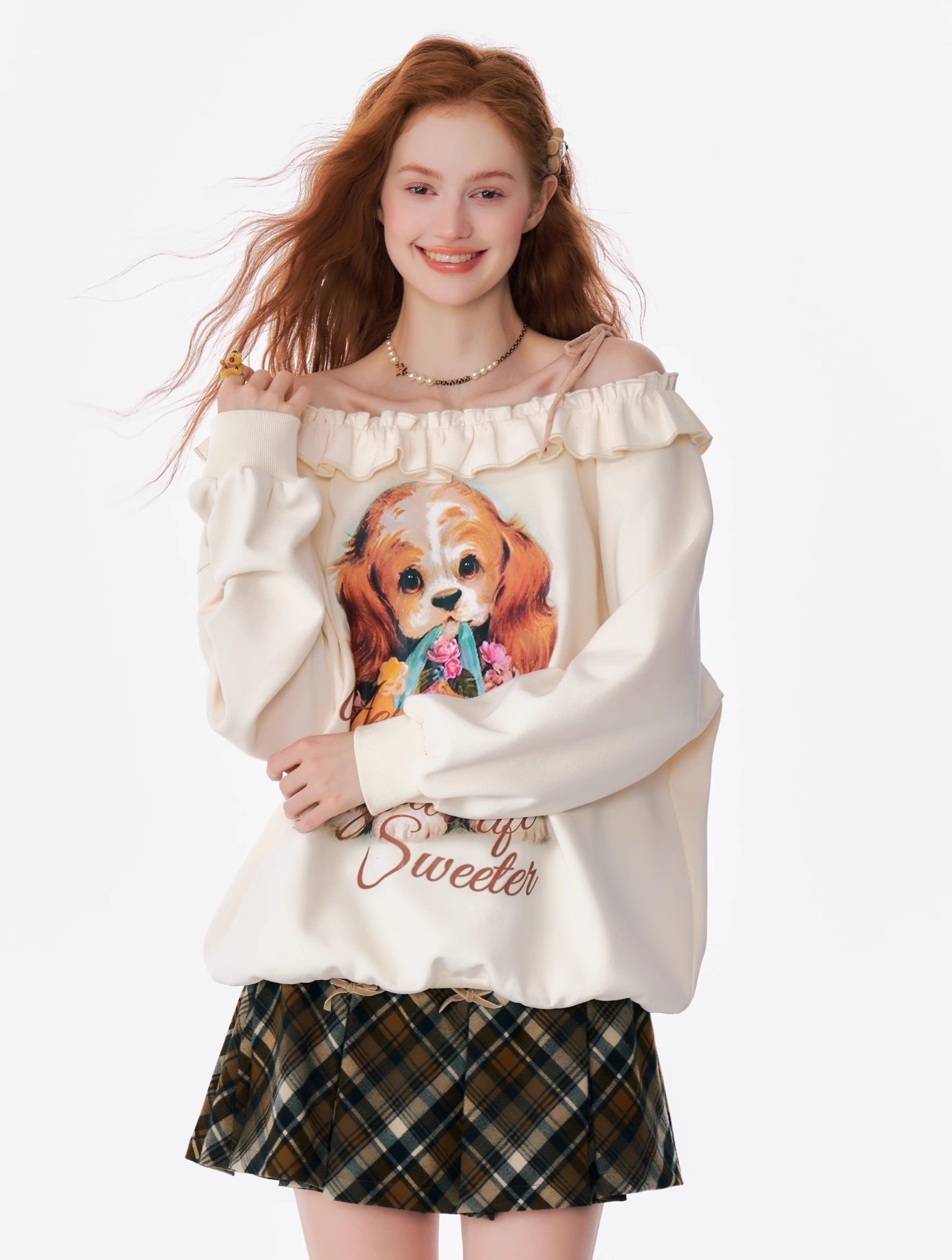 Puppy Print Cold Shoulder Sweatshirt