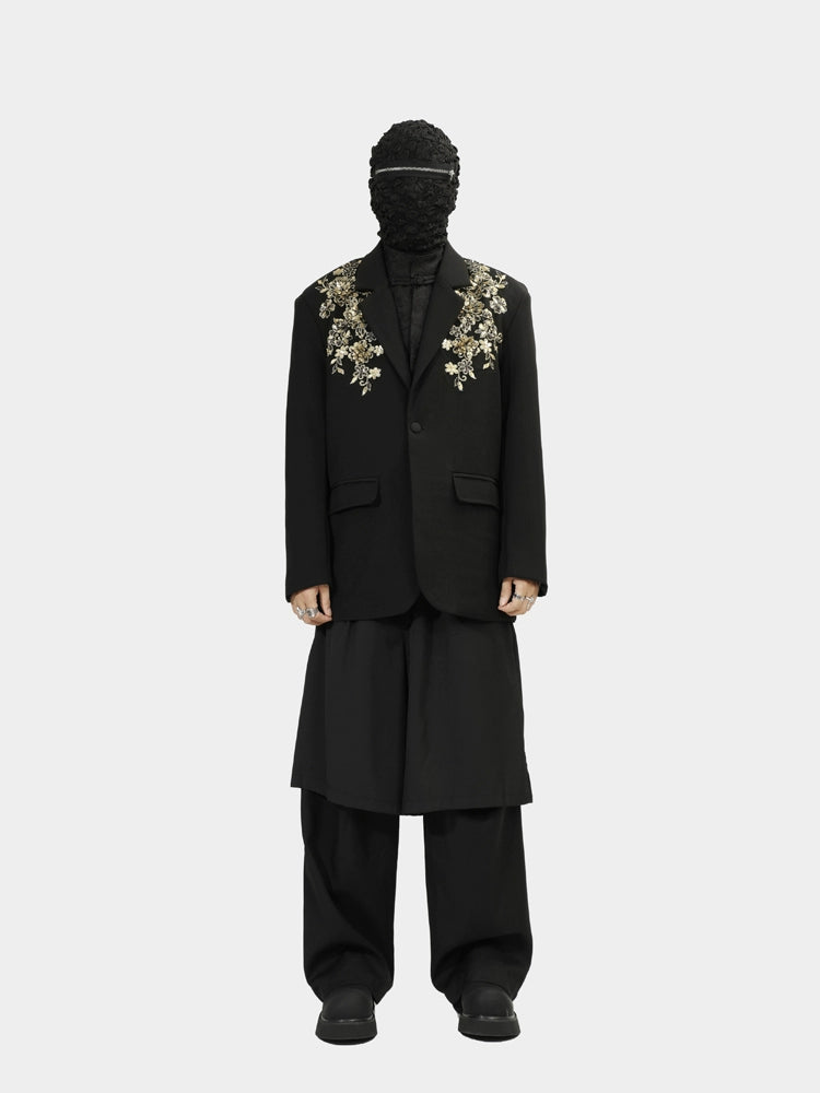 Black Blazer with Gold Floral Embroidery on Lapels