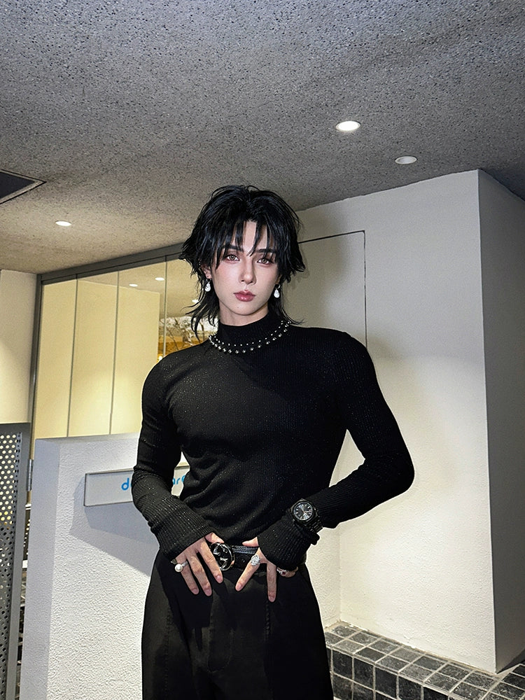 Black Studded Collar Ribbed Knit Top