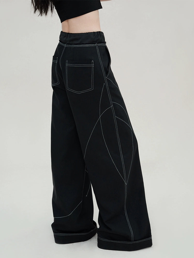 Black Contrast Stitch Wide Leg Pants
