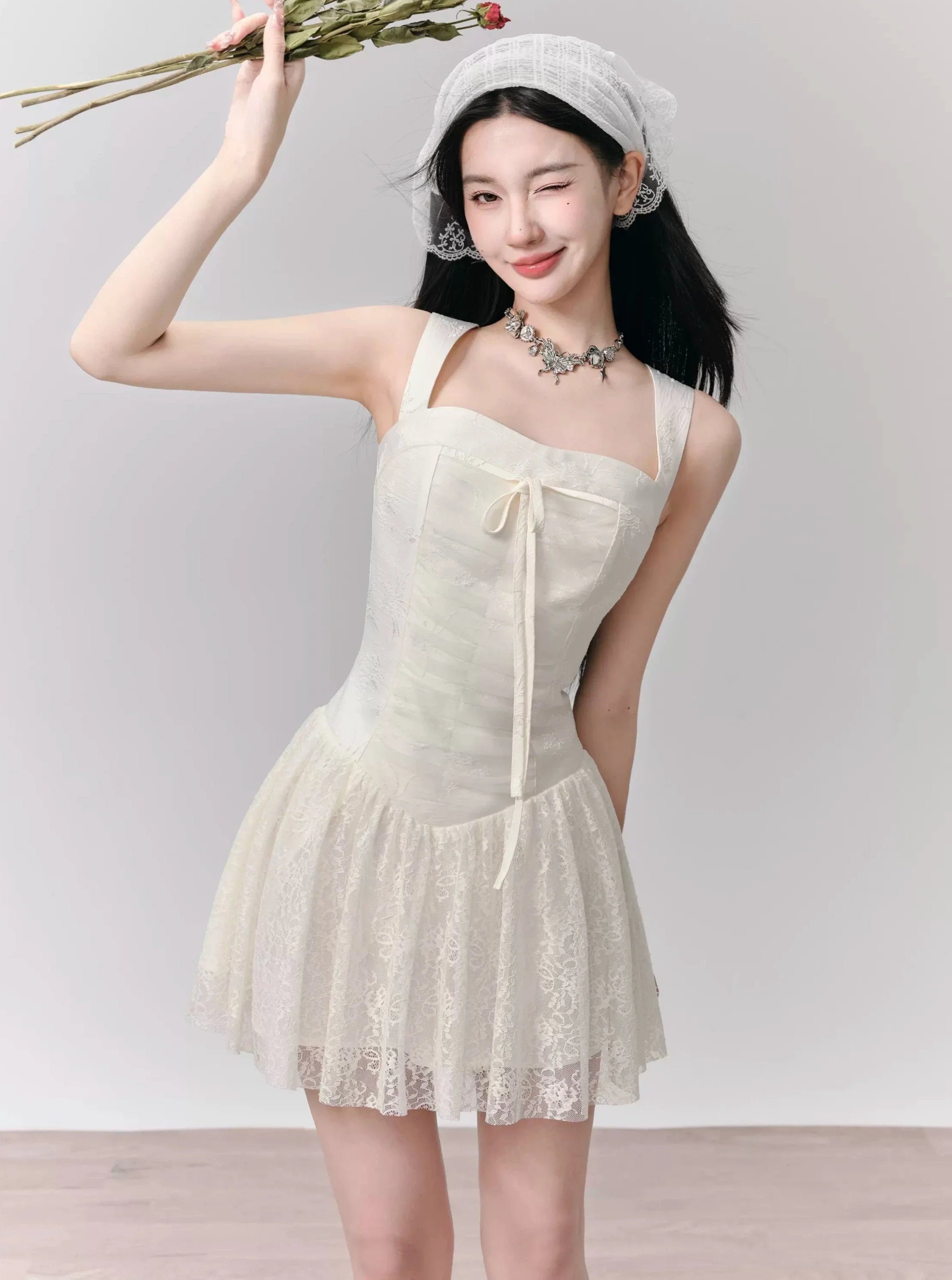 Romantic White Lace Halter Mini Dress with Front Tie