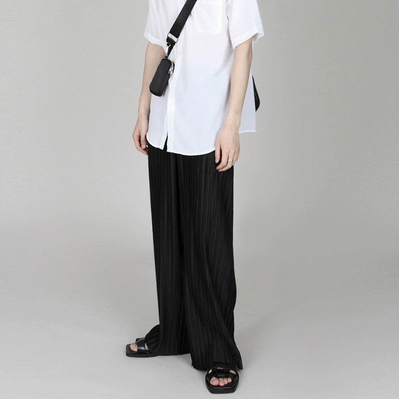 Ice Silk Casual Pleated Wide-Leg Pants With Draped Floor-Length Design - chiclara