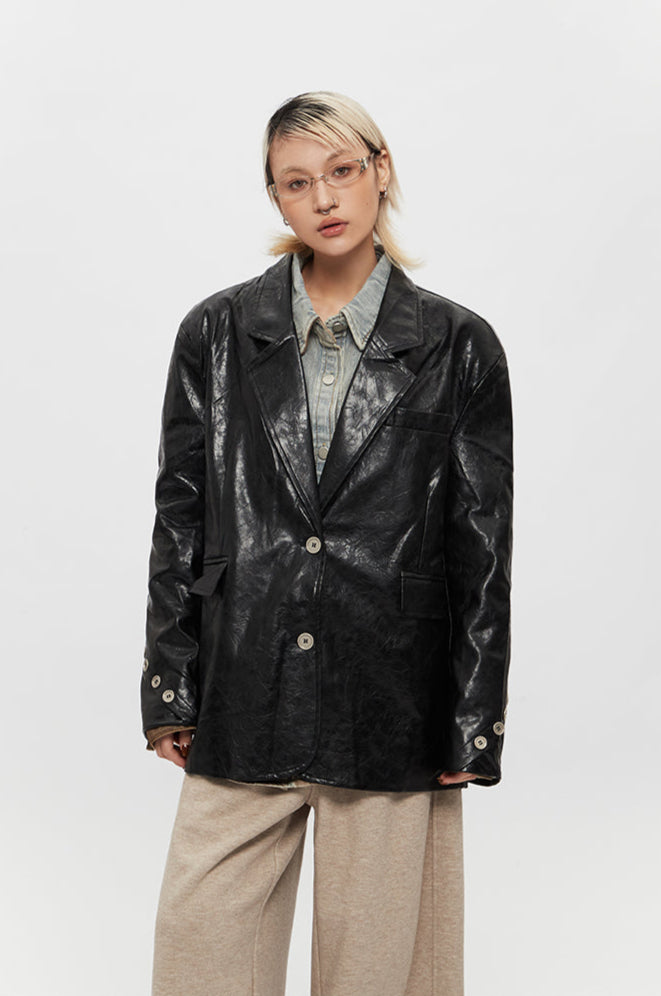 Glossy Oversized Leather Blazer Jacket