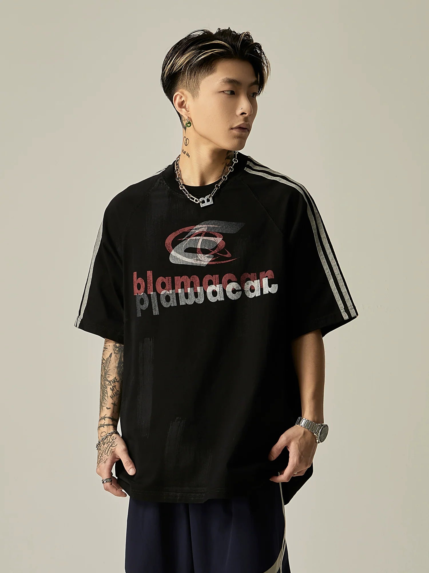 Blamacal Triple Stripe Oversized Logo Tee