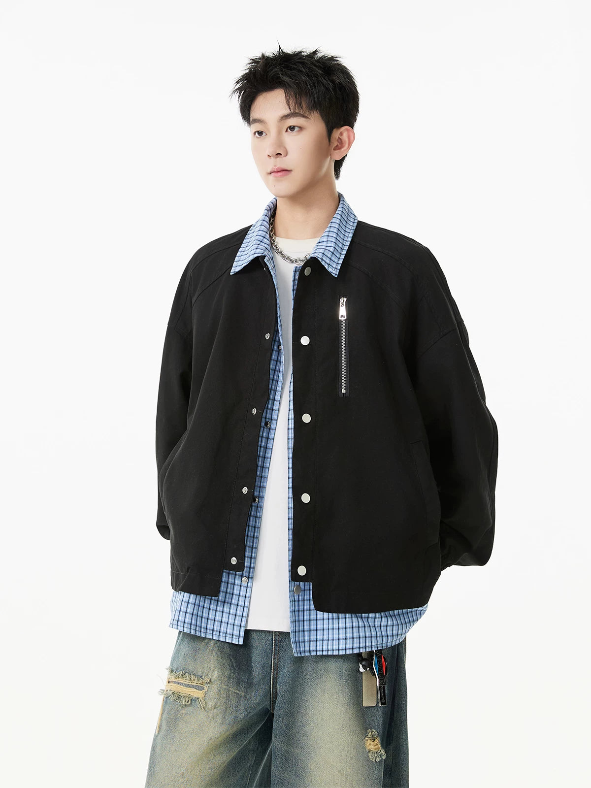 Grid-Collar Layered Coach Jacket