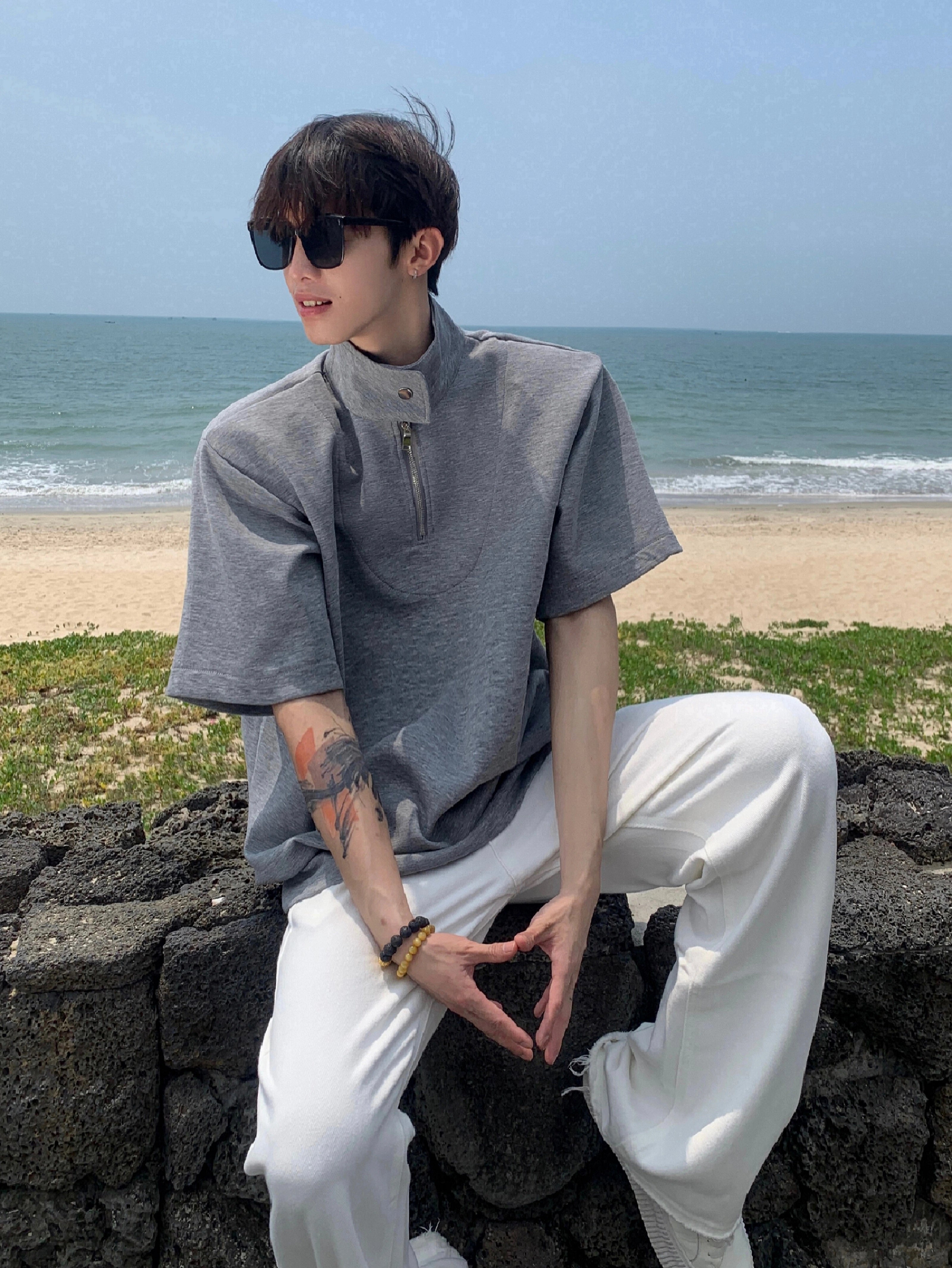 Gray Half-Zip Stand Collar Shirt