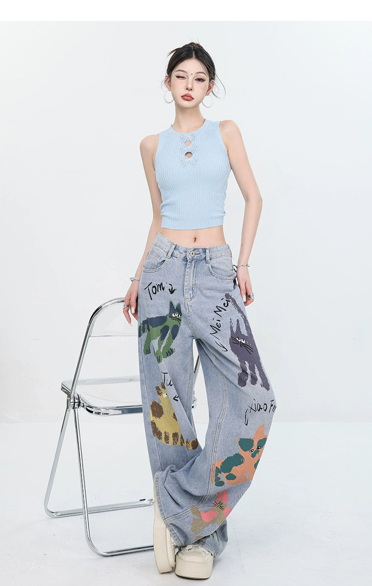 ABWEAR Whimsical Critter Doodle Wide-Leg Jeans