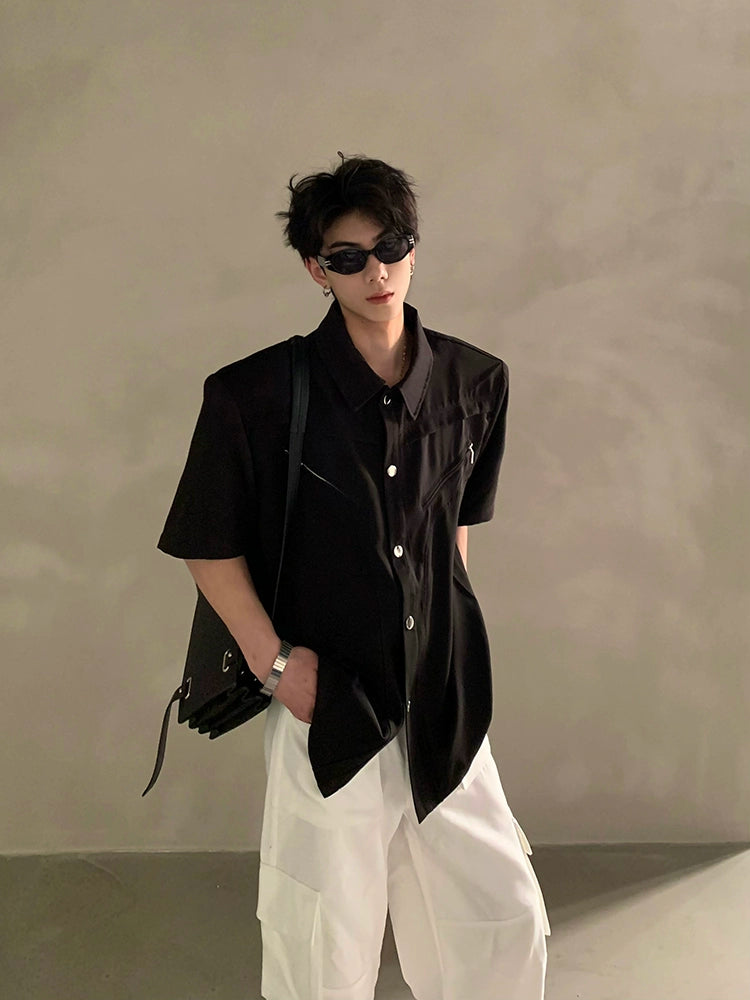 Black Short Sleeve Gem Collar Shirt
