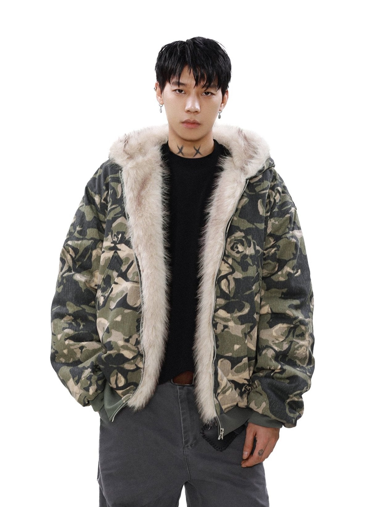 Camouflage Puffer Jacket with Fur-Lined Hood