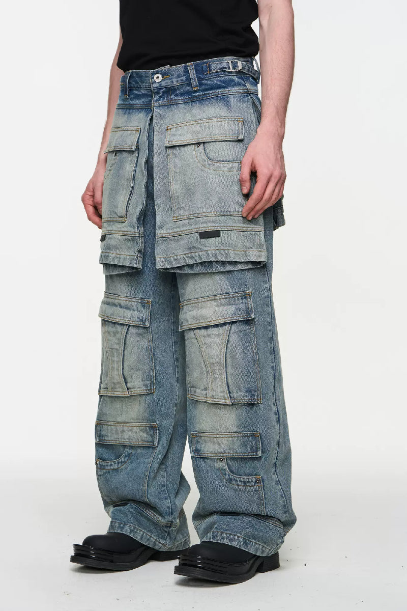 Layered Utility Washed Jeans - chiclara