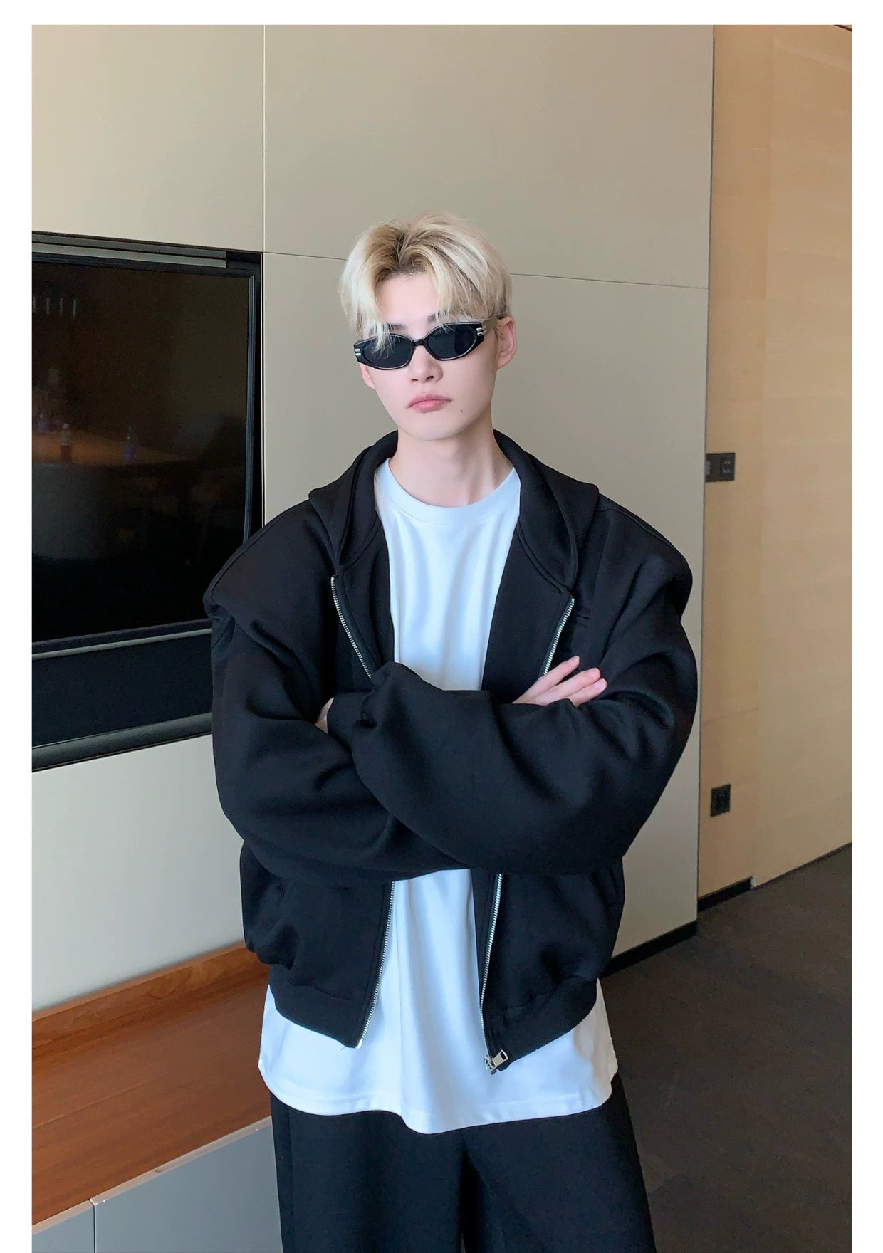 Shoulder-Padded Hoodie Jacket with Straight-Leg Pants Two-Piece Set