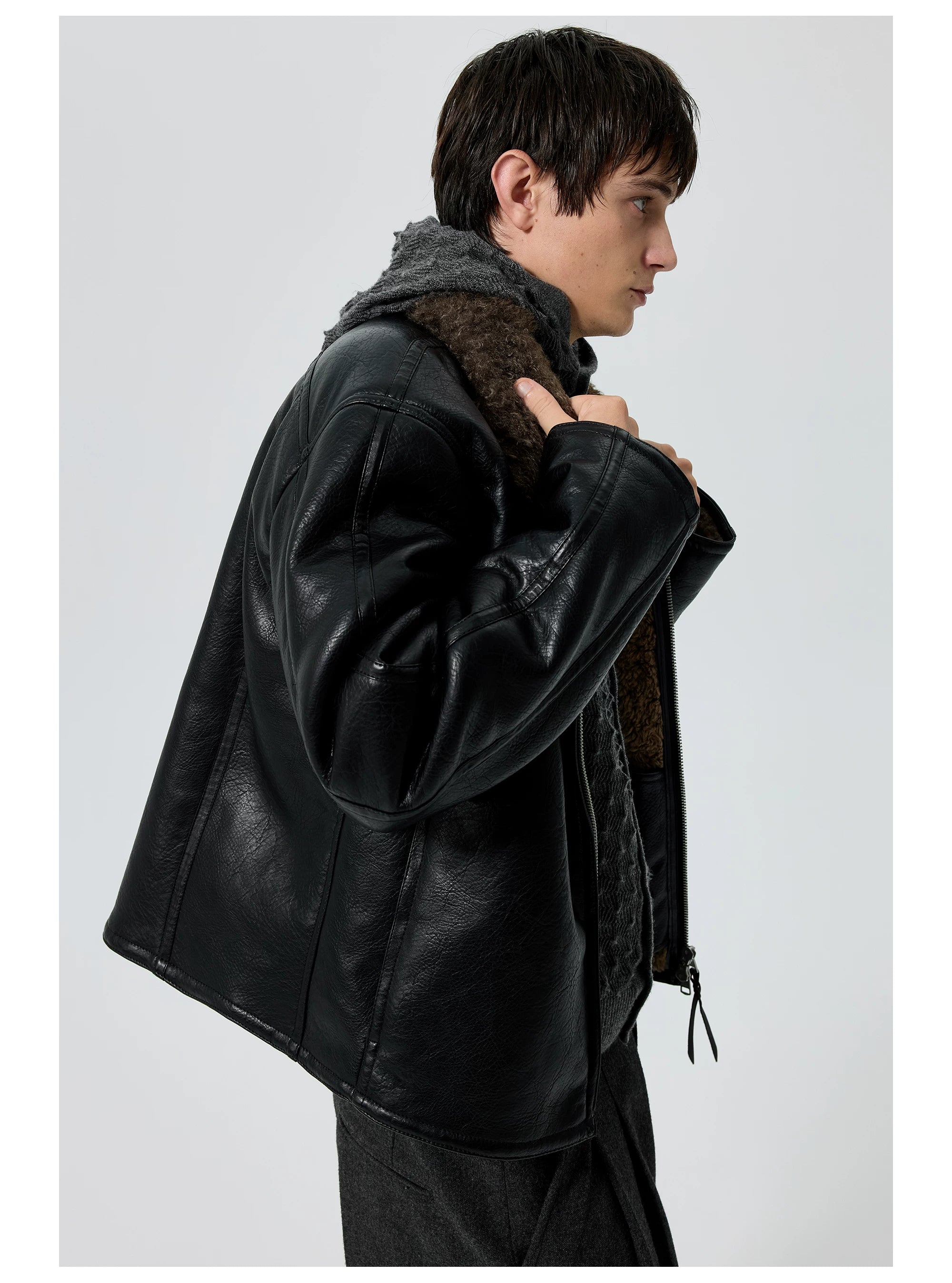 Oversized Faux Leather Jacket with Shearling Collar