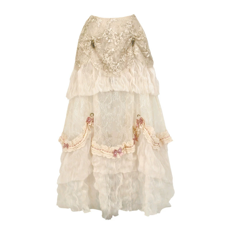 Victorian Ivory Layered Lace Skirt with Pink Bows