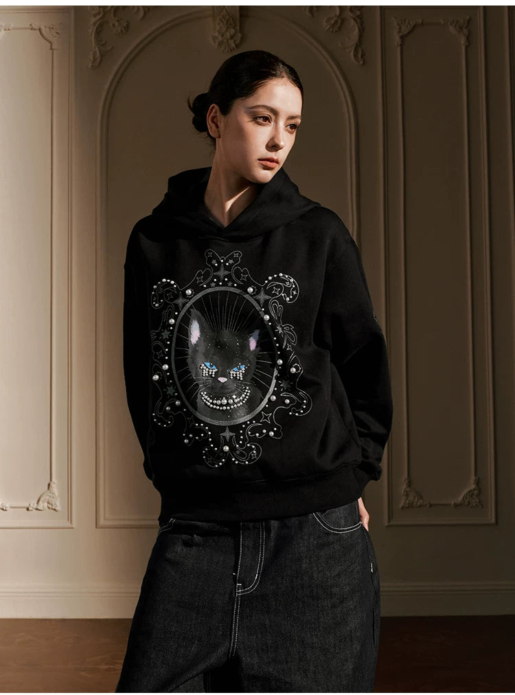 Pearl Embellished Mystic Cat Graphic Hoodie