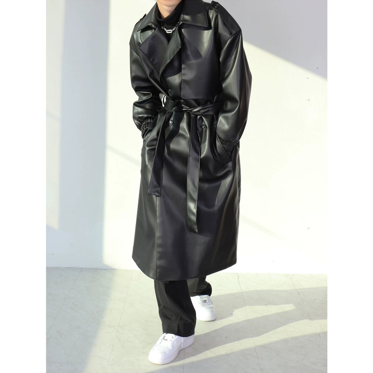 Noir Eclipse Belted Faux Leather Trench Coat