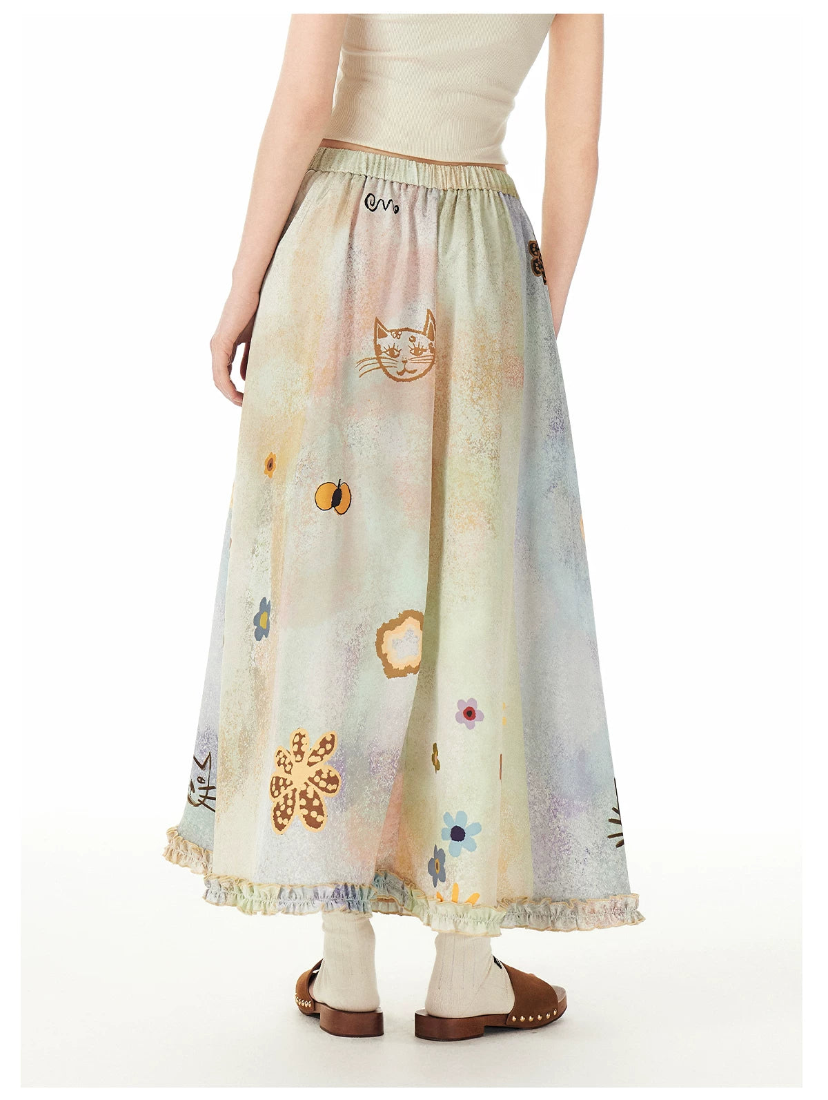 Pastel Meadow Kitty Garden Maxi Skirt