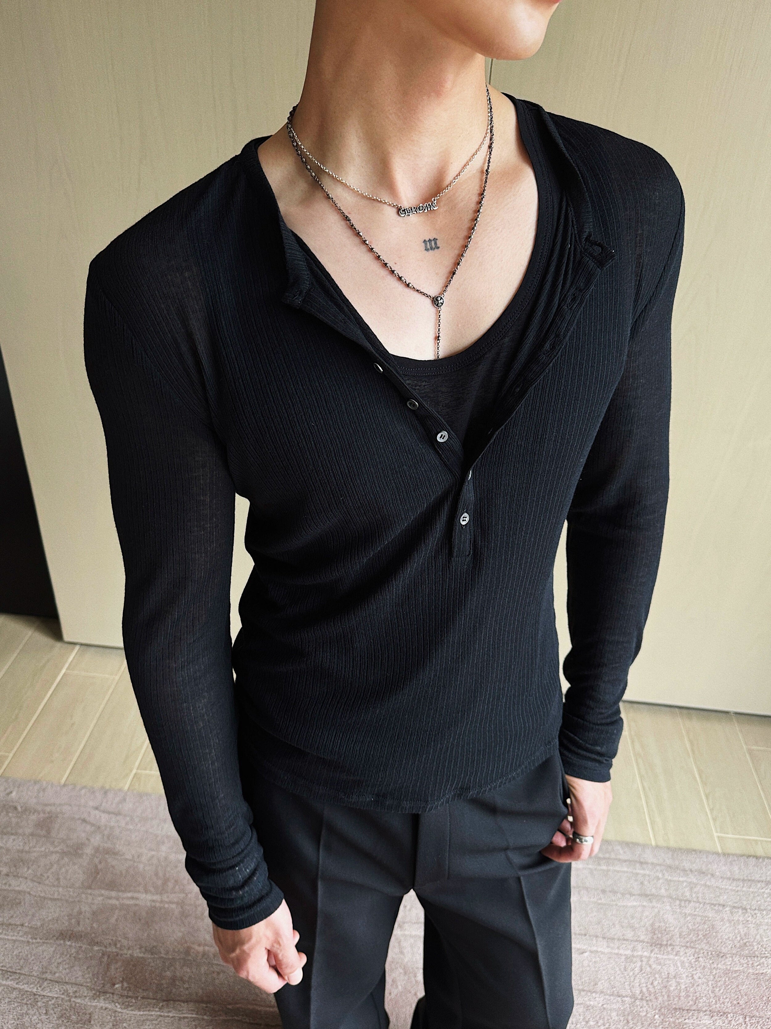 Black Henley Long Sleeve Knit Top
