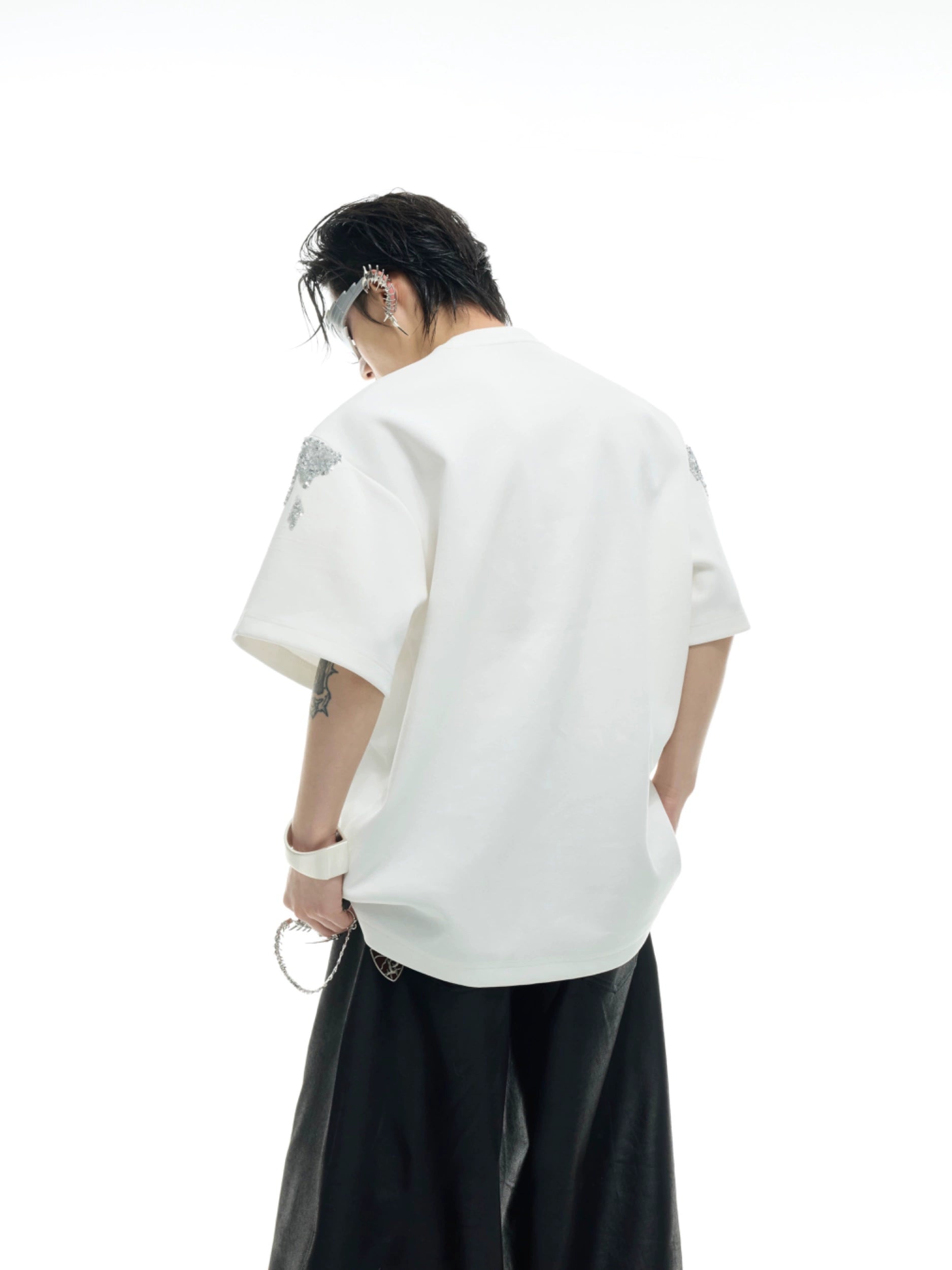 Crystal Shoulder Black Oversized Tee