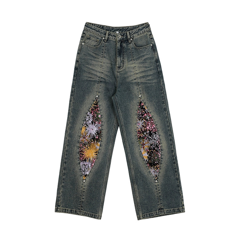 Vintage Firework Distressed Jeans With Relaxed Straight Fit - chiclara