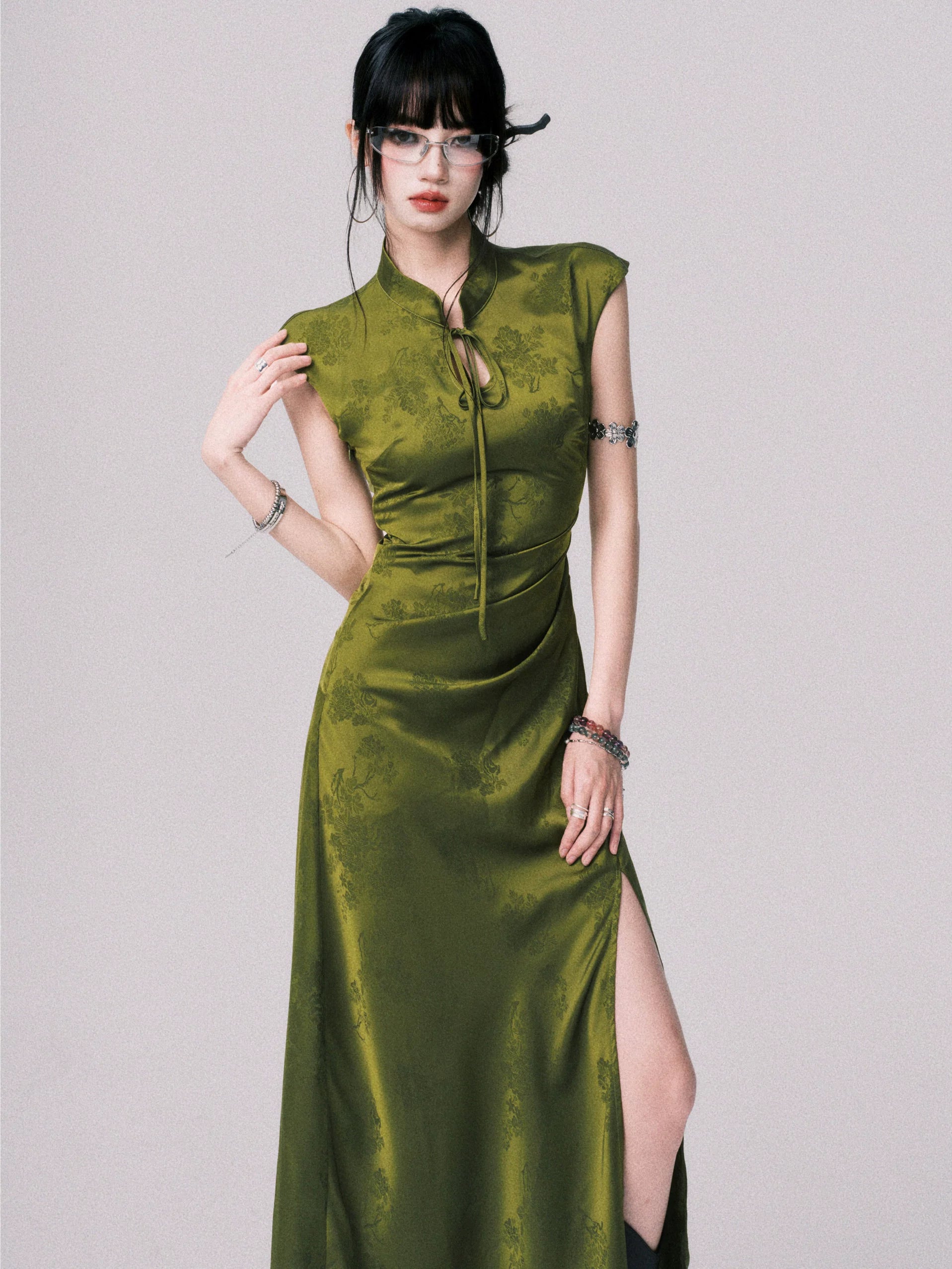 Verdant Whispers Cheongsam Maxi Dress