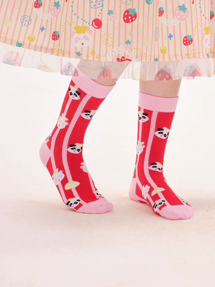 Panda Mushroom Mismatched Crew Socks
