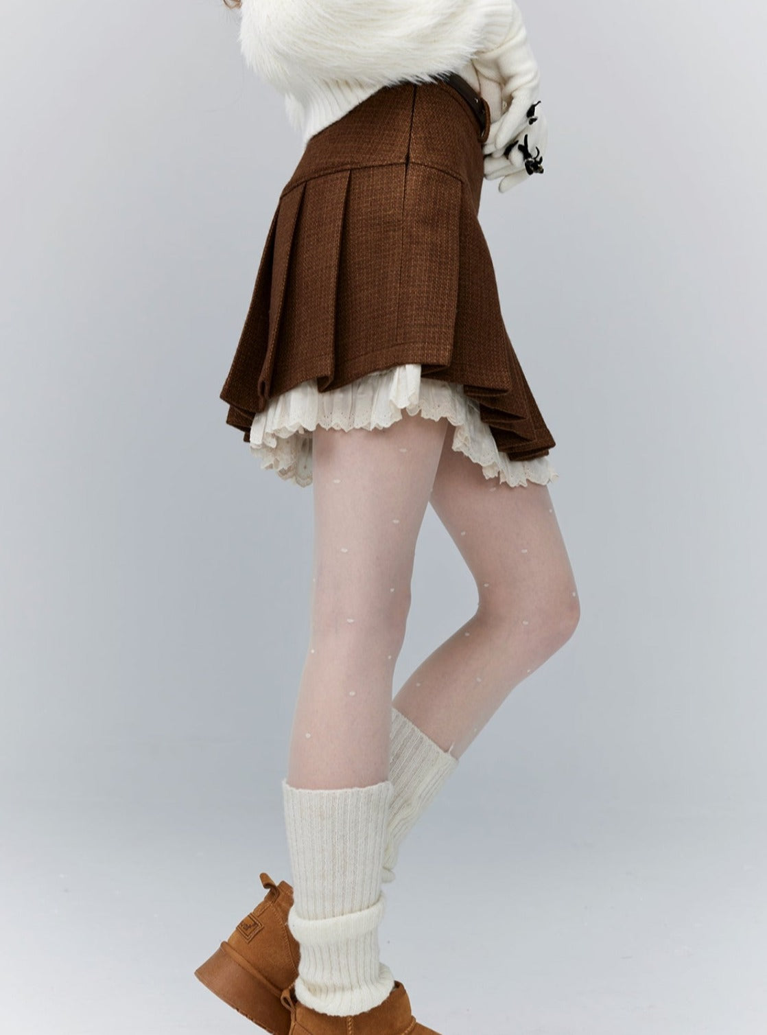 Brown Pleated Mini Skirt with White Lace Underskirt