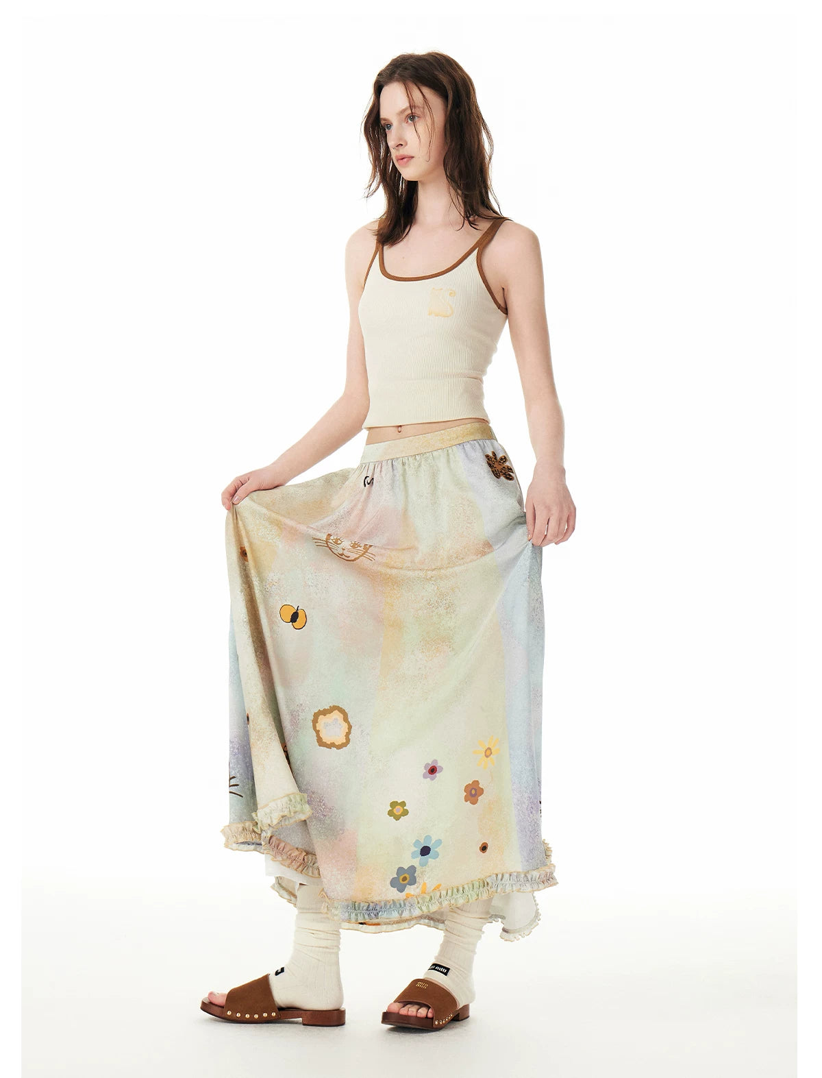 Pastel Meadow Kitty Garden Maxi Skirt