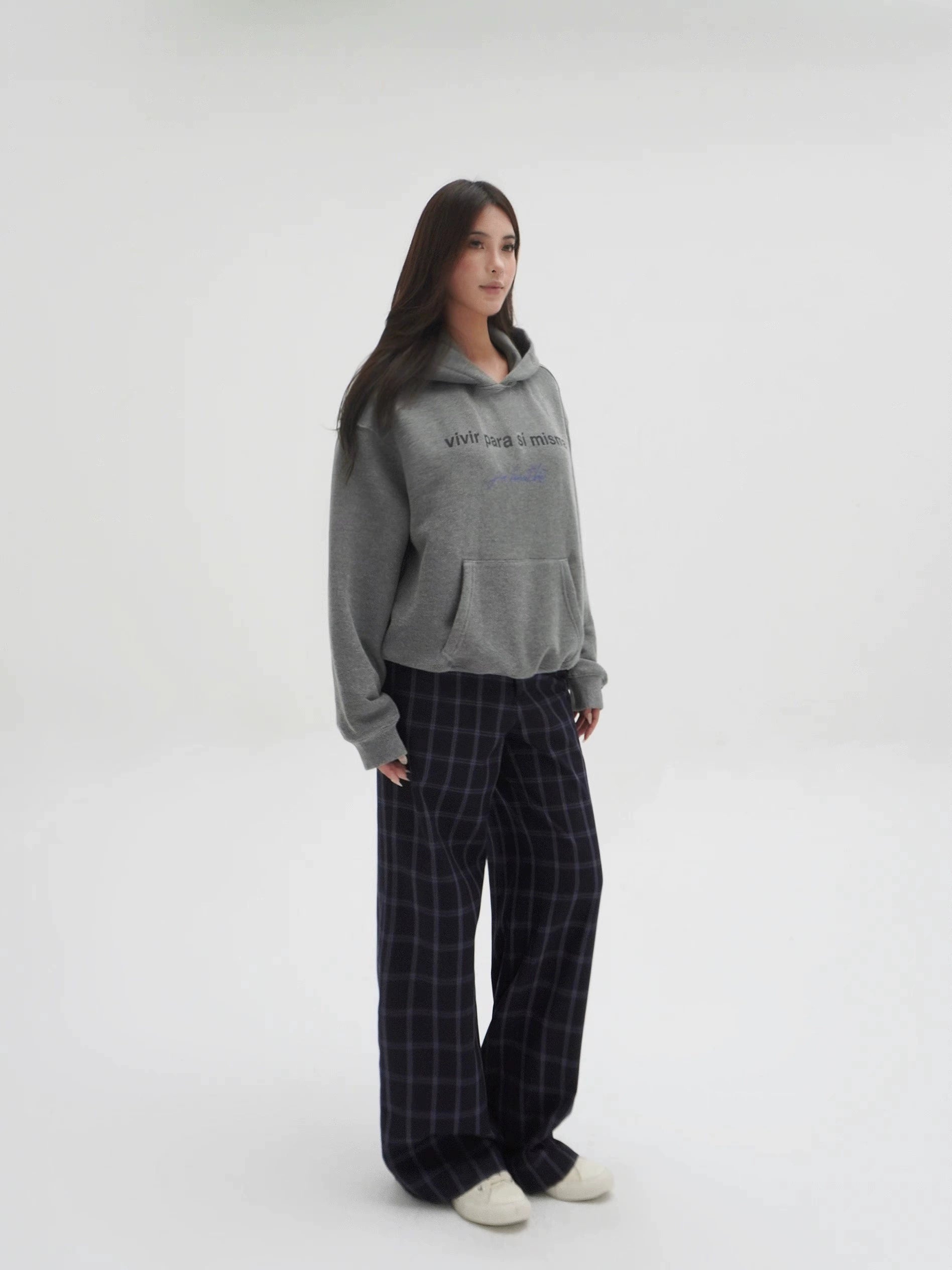 Low-Waist Blue Plaid Loose Casual Pants